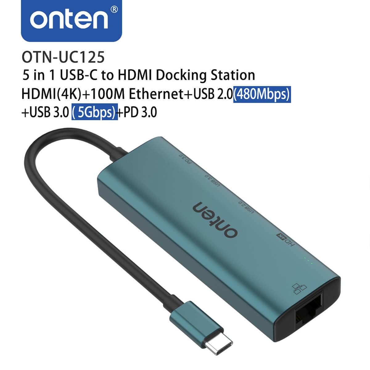 Angled view of Onten UC125 5 in 1 USB-C to HDMI Docking Station displaying its multiple connectivity options including HDMI 4K, USB 3.0, and Ethernet.